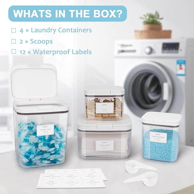 4 Pack Stackable Laundry Pods Container & Dryer Sheet Holder with Pop-Up Lids & Labels, Sealing Laundry Room Organization and Storage Jars for Powder, Scent Bead, Dryer Balls