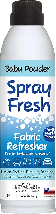 Spray Fresh Fabric Refresher - Deodorizer & Freshener for Clothing, Bedding, Luggage, Furniture & More - Eliminates Smoke Smell & Other Pesky Odors - Helps Prevent Fabric from Wrinkling (Baby Powder)