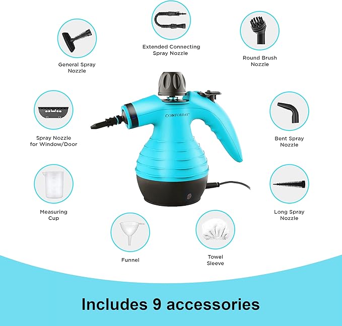 Comforday Multi-Purpose Handheld Pressurized Steam Cleaner with 9-Piece Accessories, Handheld Steamer Perfect for Stain Removal, Curtains, Car Seats, Floor, Bathroom, Window Cleaning (Light blue)