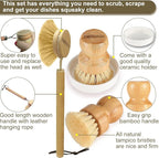 Wooden Dish Brush Set Clean Pots, Pans and Vegetable, Natural Bristles Bamboo Scrub Brushes with Ceramic Dish - 1 Long Handle Dish Brush + 2 Palm Scrubbing Brush