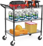 WDT Heavy Duty 3 Tier Utility Cart,Wire Rolling Cart with Wheels, Commercial Grade Service Cart with Shelving Liners and Handle Bar Metal Carts for Kitchen Office Hardware (990LBS Capacity Black)
