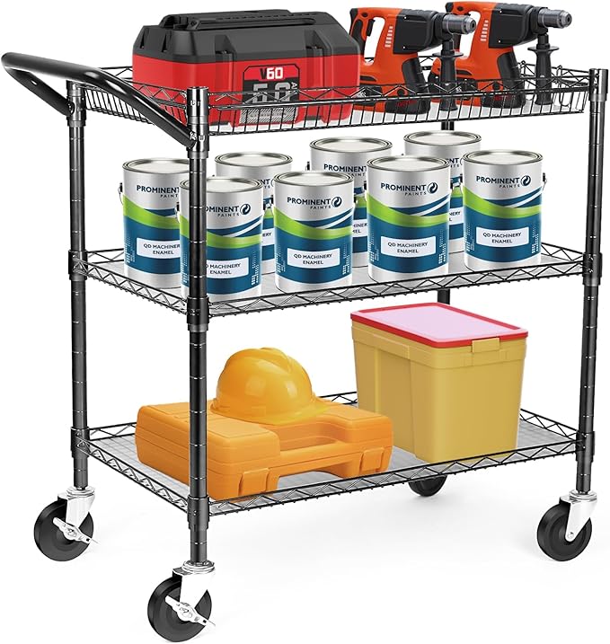 WDT Heavy Duty 3 Tier Utility Cart,Wire Rolling Cart with Wheels, Commercial Grade Service Cart with Shelving Liners and Handle Bar Metal Carts for Kitchen Office Hardware (990LBS Capacity Black)