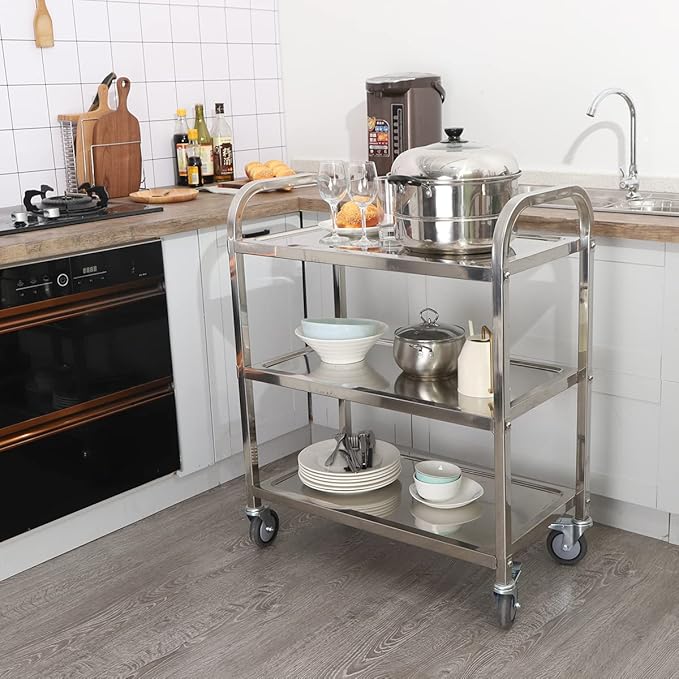 Heavy Duty Stainless Steel Utility cart，Industrial Serving cart with Wheels, 3 Shelf 360°Rotation Storage Trolley with Locking Wheels 500 lbs Capacity，1MM Thick 33.5 * 17.4 * 35.4' L*W*H.