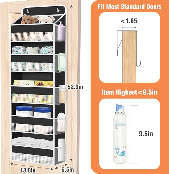 WISELIFE Over The Door Organizer - 5 Shelves Large Capacity Hanging Bedroom Storage Solution with Side Pockets for Dorm Bathroom Pantry Nursery and Baby Essentials Holds up to 40 Lbs (Black)