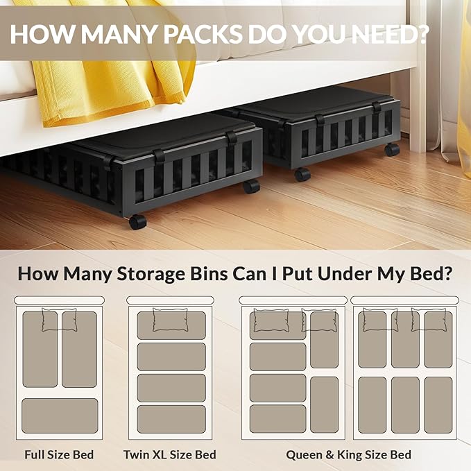 2 Pack Bamboo Under Bed Storage with Wheels, 39”x20”x7.8” Lager Under Bed Storage Containers (Black)