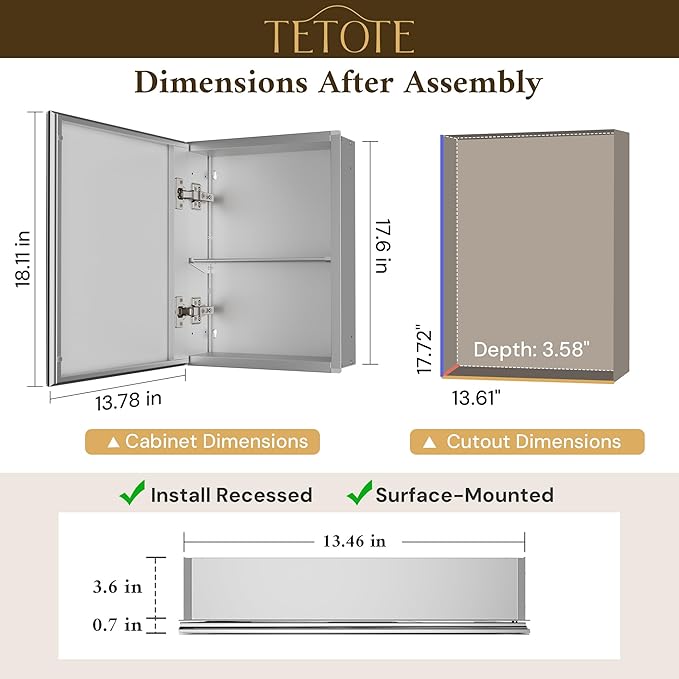 TETOTE 14 x 18 Medicine Cabinet with Tempered Beveled Mirror Silver Aluminum Cabinet DTC Hinges, Stepless Adjustable Shelves, Recessed/Surface-Mounted