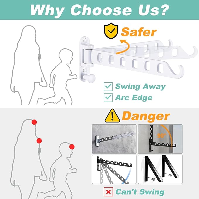 Laundry Drying Rack Wall Mounted - Swing Arm Clothes Hanger with 6-Hole, 180° Rotation Coat Hanger Holder, Foldable Valet Hook for Laundry Closet (2-Pack, White)