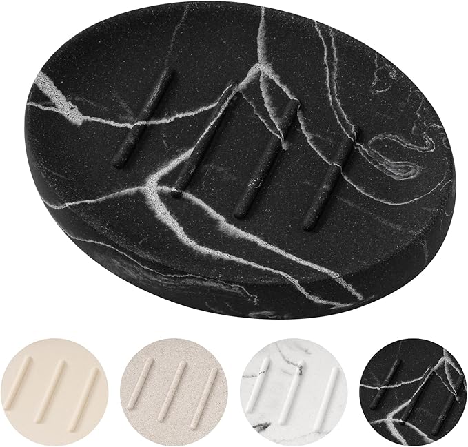 Soap Dish Bathroom Resin Marble Look Bar Soap Holder for Shower Soap Tray for Kitchen Sink(Marble Black)