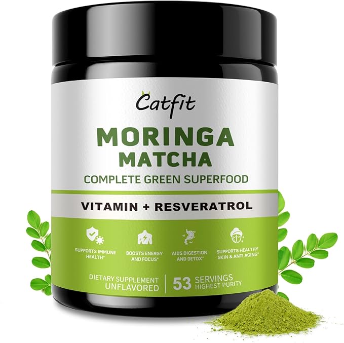 Matcha Powder with Moringa, Green Tea and Resveratrol, 4-in-1 Superfood for Energy, Immune, Digestion and Antioxidant Support, Vegan, Gluten-Free, 5.64 oz