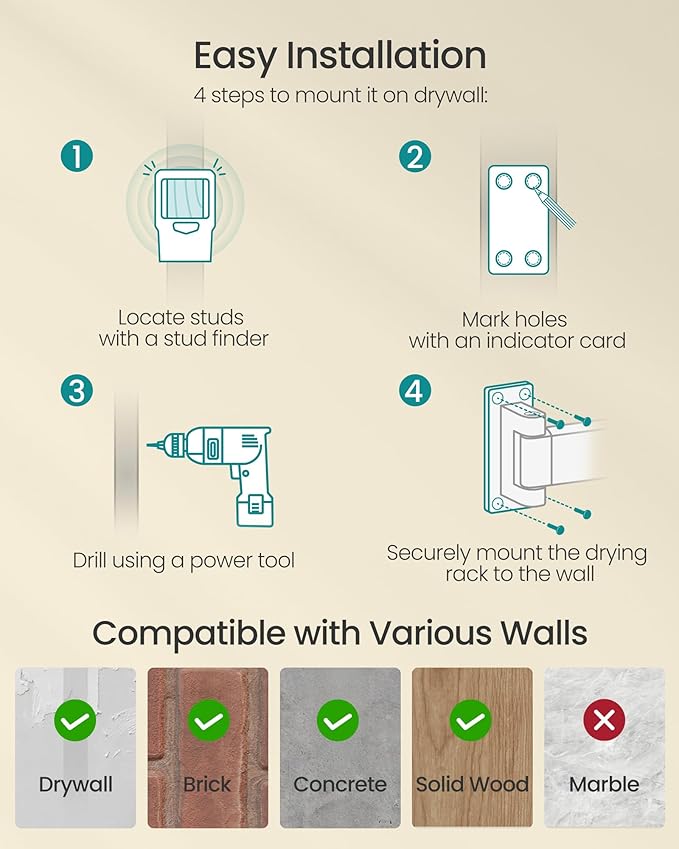 SONGMICS Clothes Drying Rack, Wall-Mounted Laundry Drying Rack, Extendable, Foldable Arms, with 21 Swivel Sliding Hooks, Space-Saving, for Laundry Room, Bathroom, Cloud White ULLR807W01