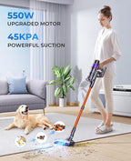 Cordless Vacuum Cleaner, 550W 45KPA Cordless Stick Vacuum Cleaner with 60Mins Rechargeable Battery, LED Touch Display, Handheld Vacuum Cleaners for Home/Pet Hair/Carpets/Floors