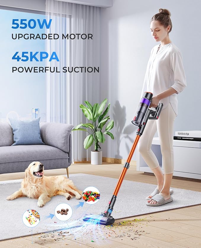 Cordless Vacuum Cleaner, 550W 45KPA Cordless Stick Vacuum Cleaner with 60Mins Rechargeable Battery, LED Touch Display, Handheld Vacuum Cleaners for Home/Pet Hair/Carpets/Floors