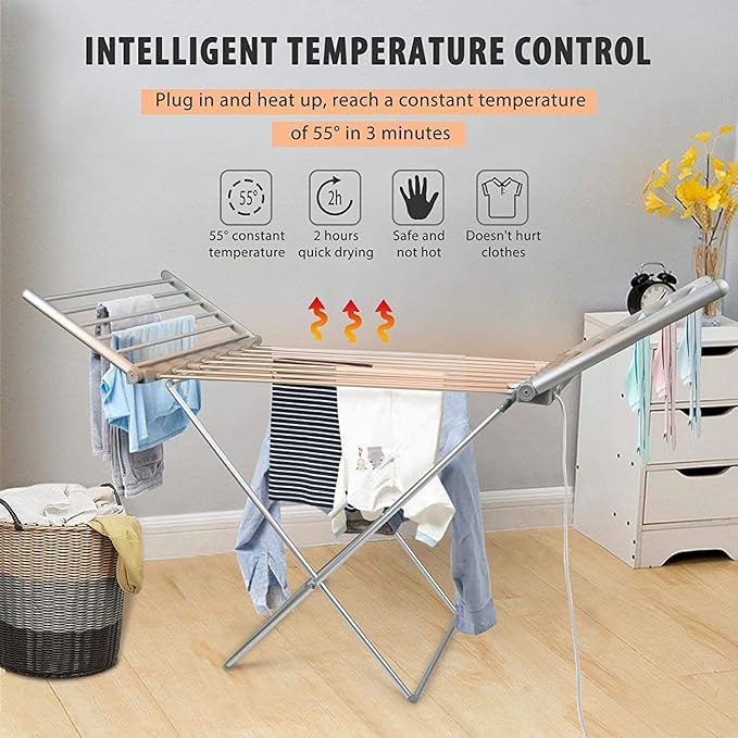 tonchean Heated Clothes Drying Rack, Folding Electric Clothes Drying Rack, Collapsible Laundry Drying Rack, Free-Standing Heating Garment Dryer Towel Rail Space Saving for Home Indoor/Outdoor