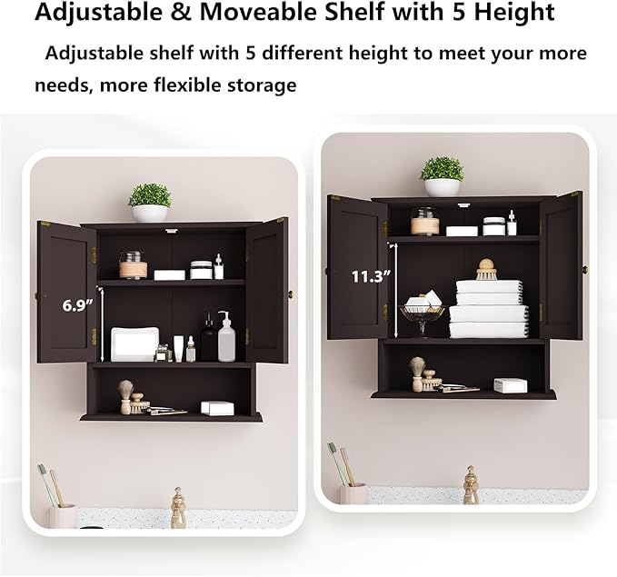 Bathroom Wall Cabinet, Over The Toilet Storage Cabinet with 2 Doors and Adjustable Shelf, Wooden Medicine Cabinet Wall Mounted, Room Space Saver for Bathroom Kitchen