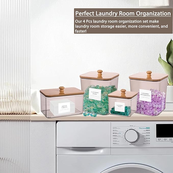 4 Pack Laundry Pods Container,Clear Dryer Sheet Holder & Laundry Room Organization and Storage with Lids, Scoops & Labels for Laundry Detergent, Powder, Dryer Balls, Beads (Gray)