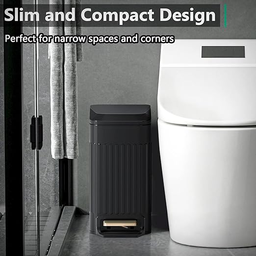 Small Bathroom Trash Can with Lid Soft Close-6L/1.6 Gal Slim Step Garbage Can-Metal Pedal Wastebasket-Narrow Rectangle Garbage Container Bin for Corner Office, Bedroom, Toilet, Live Room-Black