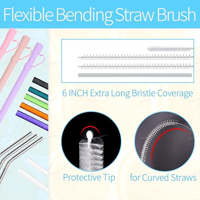 8Pcs Water Bottle Cleaner Brush - Multipurpose Cup Cleaner Kit with Long Nylon Straw Brush Long Handle Silicone Bottles Cleaning for Tumbler, Sports Water Bottle, Wine Glass