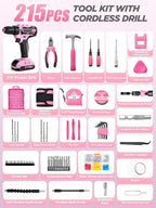 Pink Cordless Drill Set 215 Pcs, 21V Pink Power Drill Tool Set Kit with Storage Bag, Electric Drill Set for Women, Precision Screwdriver set, Magnetic Tool Belt, ToolBox for DIY Projects