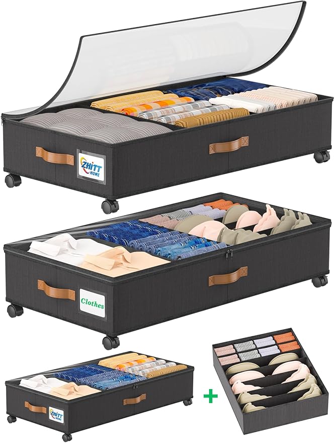 2Pack Under Bed Storage with Wheels+1Pack Underwear Storage, Scalable Under Bed Shoe Storage Containers, Clothes Organizer & Bedroom Furniture Organizers (Underwear Storage Style)