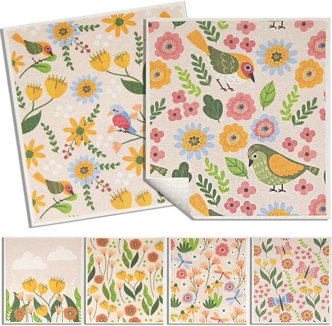 6 - Pack Swedish Kitchen Dish Cloths - Reusable Paper Towels for Counters & Dishes - Eco Friendly Cellulose Sponge Cloth - Assorted (Broken Flowers)