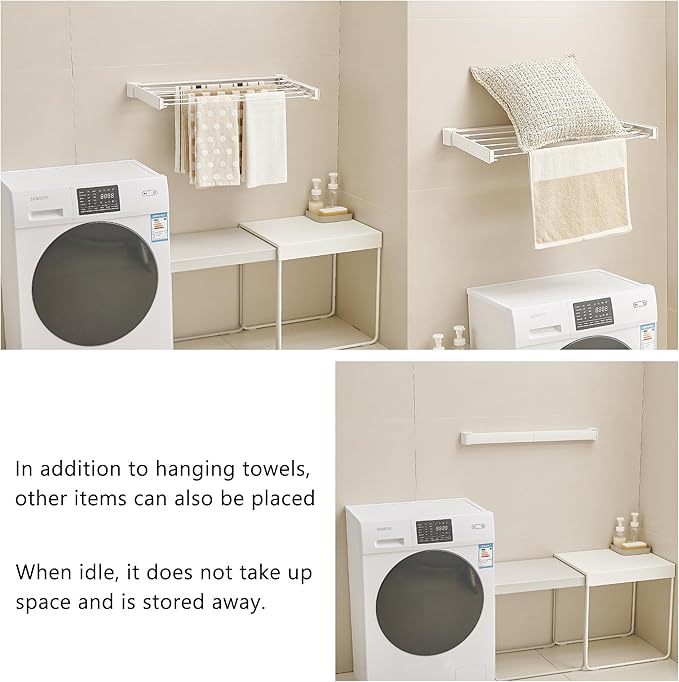 JOOM Laundry Drying Rack Collapsible, Wall Mounted Drying Rack, Clothes Drying Rack, Retractable Drying Racks, 27.5" Wide, 5 Aluminum Rods, 60 lb Capacity (White 27.5")