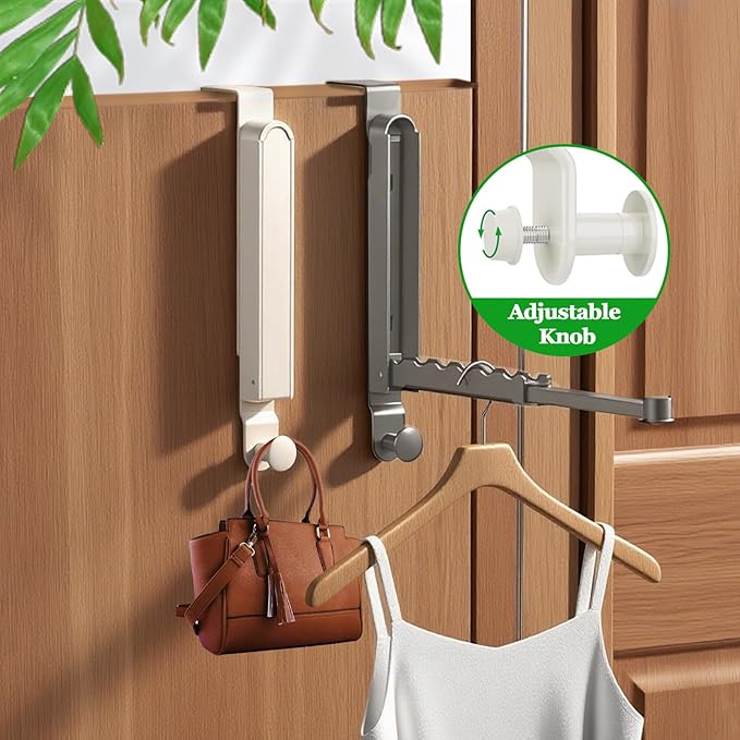 2 Pack Over The Door Hanger Folding Clothes Drying Rack,Fit Door up to 1-3/4" Optimal,Collapsible Foldable Hanging Coat Rack w/Retractable Rod,Clothing Hanger Hook for Laundry Room (Gun Gray)
