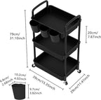 MOYIPIN 3-Tier Plastic Rolling Utility Cart with Handle,Utility Storage Cart for Office, Living Room, Kitchen,Movable Storage Organizer Shelves,Black with 3 Hanging Cups