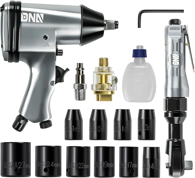 DNA MOTORING 17 Pcs Air Tool Kit 1/2-Inch Pneumatic Air Impact & Ratchet Wrench Kit Torque Wrench for Repairs, w/Case, Sliver/Black, TOOLS-00530