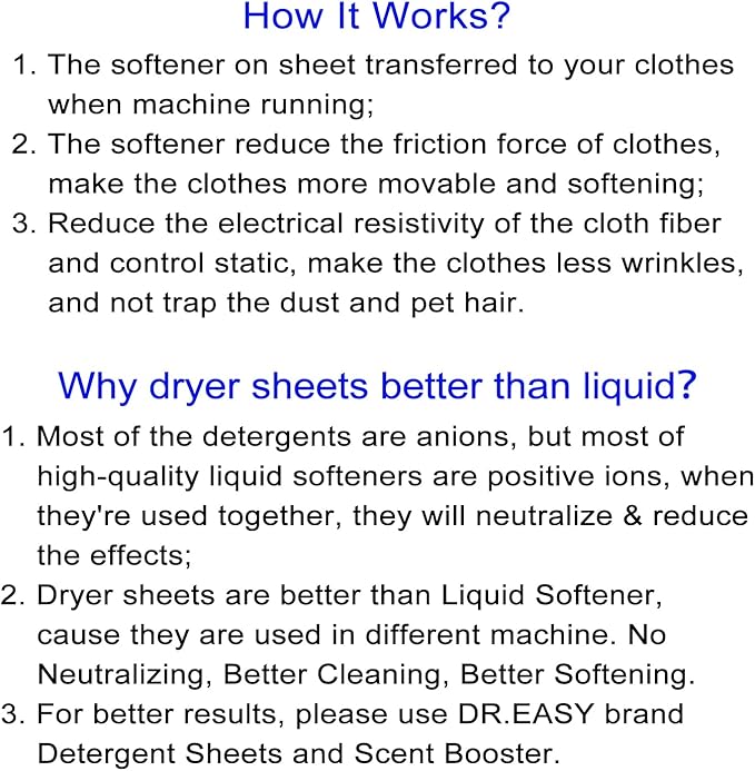 DR.EASY Dryer Sheets Plant Based Formula 252 Ct Super Caring,Softener sheets for Laundry Unscented No Dyes Reduce Static & Wrinkles Help Repel Pet Hair