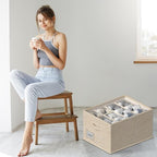 FHSQX 4 Pack Shoe Organizer for Closet,Foldable Shoe Organizer,Fits up to 48 Pairs,Storage Containers With Bottom Support for Shoes (Beige, (16.5 * 12.6 * 9.5) x4)