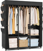 Wardrobe Closet, Portable Closets for Hanging Clothes 19mm Steel Tube Portable Wardrobe Closet for Bedroom, Clothes Rack with Cover, 3 Hanging Rod, 6 Storage Shelves and Side Pocket
