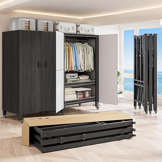Heavy Duty Covered Clothes Rack with Magnetic Door Foldable Portable Wardrobe Closet for Hanging Clothing Rolling Black Metal Garment Rack on Wheels Closet System (Black, 49.12in)