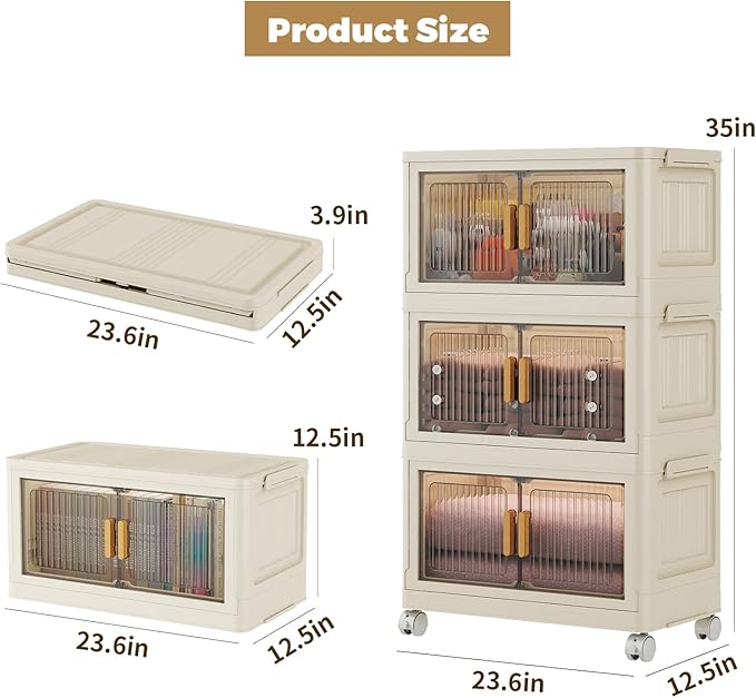 3 Tier Stackable Plastic Storage Bins with Lids 58QT, Collapsible Closet Organizers and Storage with Wheels for Living Room,Office,Dorm