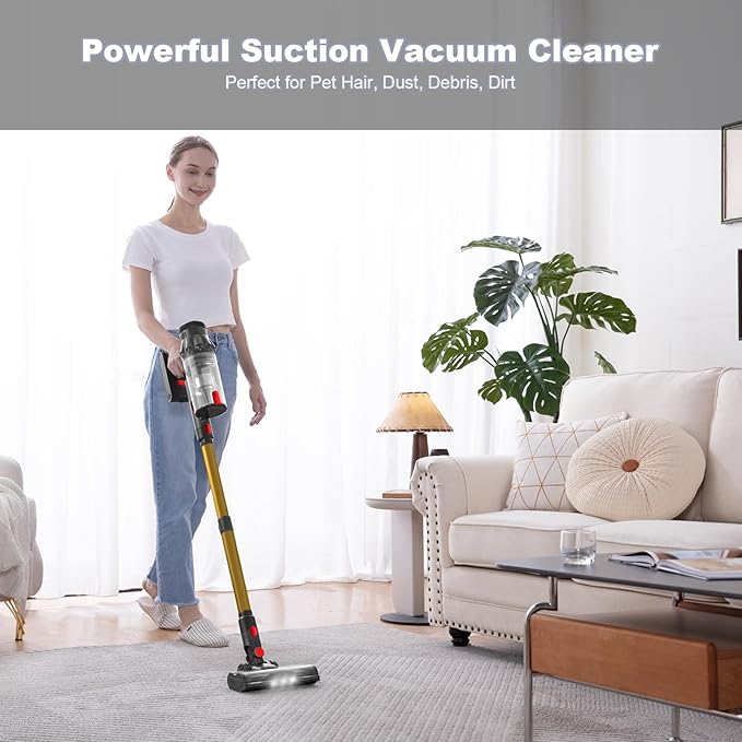 Cordless Vacuum Cleaner, Vacuum Cleaners for Home, 50KPA 500W Stick Handheld Pet Hair Hardwood Floor Vac, High Power Hand Held Rechargeable Battery Portable Household Lightweight Vac, C11 Gold
