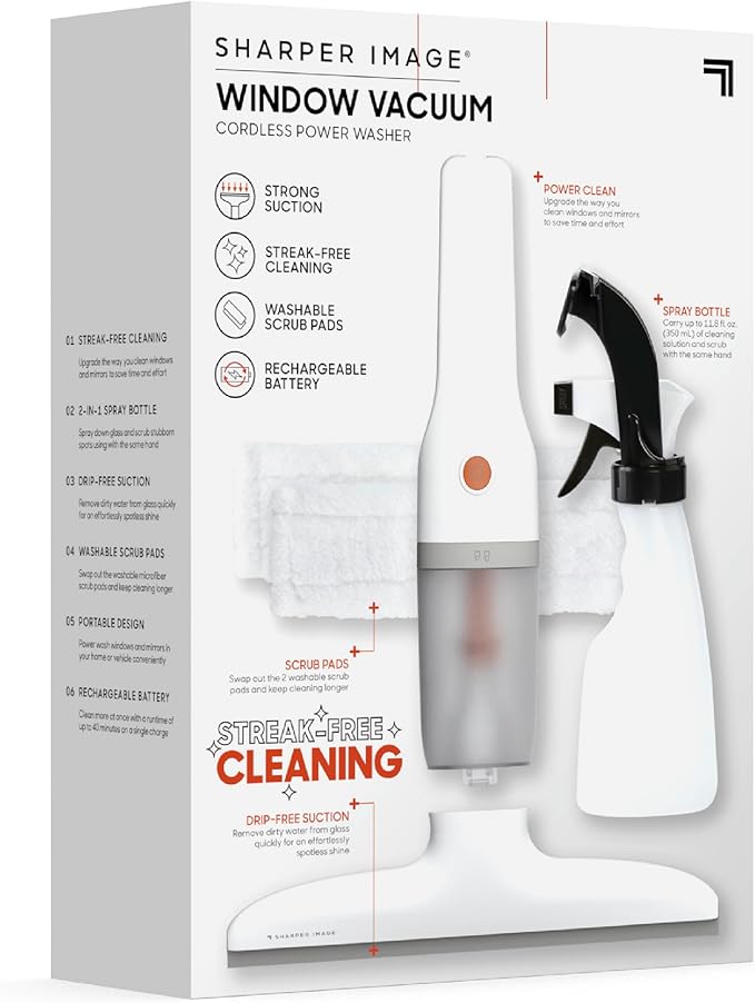Sharper Image® 2-in-1 Window Vacuum Cleaner Kit – Cordless Squeegee, Spray Bottle, 11" Blade, 2 Washable Microfiber Pads| Cleaning Supplies Tool Set| Glass, Mirrors, Shower, Windows, Car Windshield