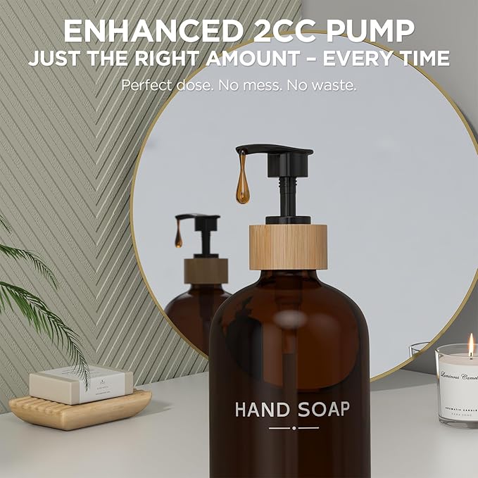 Hand and Dish Soap Dispenser Set,16oz Glass Bottles with Printed Labels, Bamboo Tray & Pump,Countertop Soap Dispensers for Kitchen,Luxury, Minimalist & Farmhouse Decor (Hand Dish (Amber))
