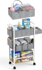 2In1 Diaper Caddy & 4-Tier Rolling Diaper Cart, Diaper Caddy Organizer Cart with Dividers & Drawer, Mobile Metal Bedside Cart for Baby Nursery Essentials Storage, Large Capacity, White