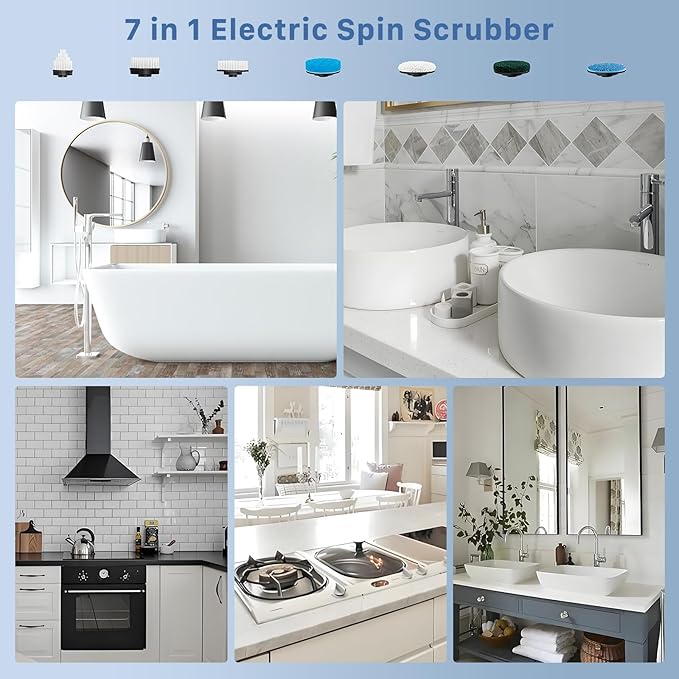 Electric Spin Scrubber, Hillyfe Power Shower Cleaning Brush with 7 Replaceable Brush Heads, IPX7 Waterproof, 2 Speeds (300/400 RPM) Electric Scrubber with Wall Mount Hook for Bathtub, Floor