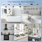 Electric Spin Scrubber, Hillyfe Power Shower Cleaning Brush with 7 Replaceable Brush Heads, IPX7 Waterproof, 2 Speeds (300/400 RPM) Electric Scrubber with Wall Mount Hook for Bathtub, Floor