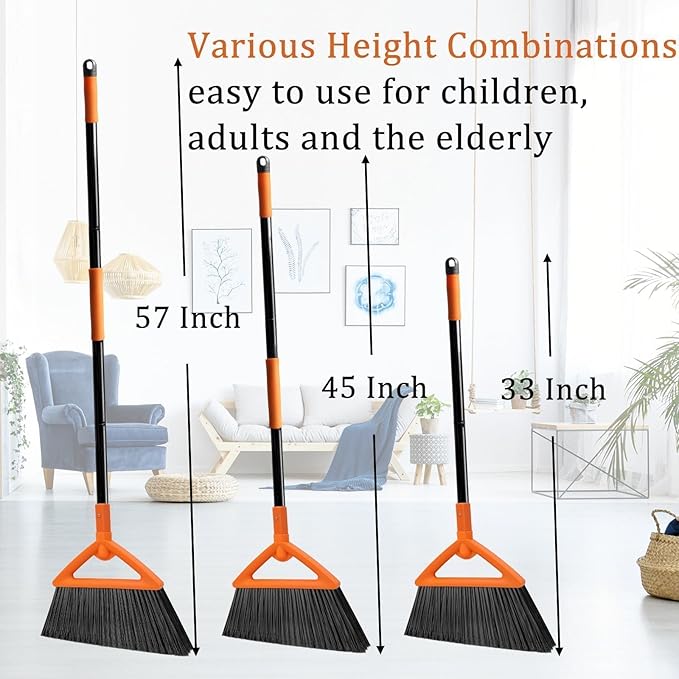 Outdoor Indoor Broom, Brooms for Sweeeping Indoor, Heavy-Duty Kitchen Broom with Long Pole, Angle Broom Orange for Garages Restaurant Courtyard Office Slidewalk Lobby Sweep Dust