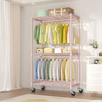 P3 Rolling Clothes Rack, Clothing Racks for Hanging Clothes, Heavy Duty Garment Rack with Wheels, Freestanding Portable Closet Organizer 39.4''W x 14''D x 78.5''H, Max Load 464 LBS, Pink