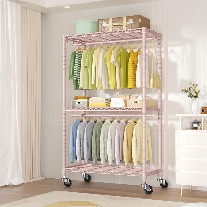 P3 Rolling Clothes Rack, Clothing Racks for Hanging Clothes, Heavy Duty Garment Rack with Wheels, Freestanding Portable Closet Organizer 39.4''W x 14''D x 78.5''H, Max Load 464 LBS, Pink