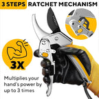 Ratchet Pruning Shears for Gardening Heavy Duty - Increases Cutting Power 3x - Perfect Ratchet Pruners for Weak Hands & Arthritis - 8” Anvil Garden Clippers - Sharp Blade for Effortless Cutting-Yellow