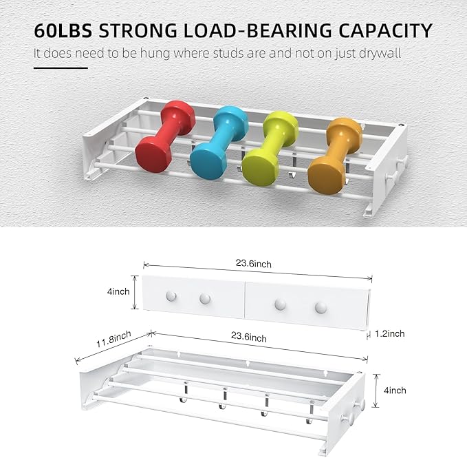 Drying Rack Clothing,Clothes Drying Rack Wall Mounted,Laundry Drying Rack Wall Mount,Foldable,Collapsible,60 lb Capacity 4 Aluminium Poles with 8 Hooks,Space Saving Clothes Drying Rack,White 23.6"