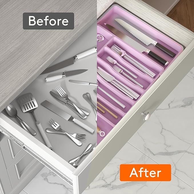 Lifewit Silverware Drawer Organizer, Expandable Utensil Tray for Kitchen, BPA Free Flatware and Cutlery Holder, Adjustable Plastic Storage for Spoons Forks Knives, Large, Purple