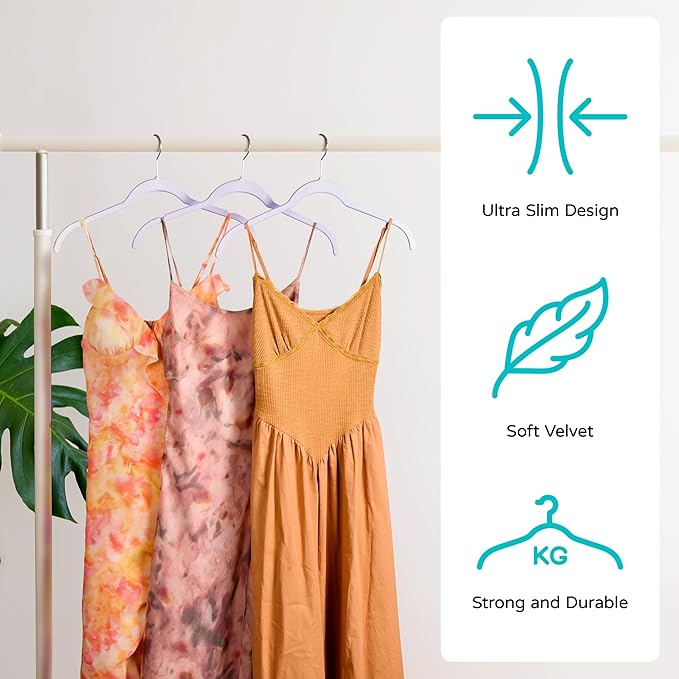 Sishynio Velvet Hangers 50 Pack – Slim Non-Slip Flocked Hangers with 360° Swivel Hook, Space-Saving Closet Organizer for Dresses, Coats, Blouses(Purple)