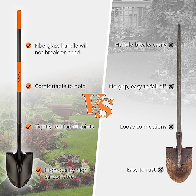 Heavy Duty Shovel, 58 Inches, Black, High Carbon Steel, Fiberglass Handle, Modern Style