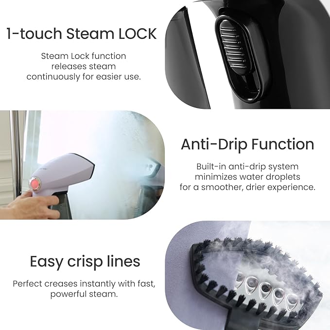 Osner Handheld Garment Steamer for clothes, 1450W Quick Heat Auto-trigger, Compact Travel Steamer, Clothes Steamer, Fabric Wrinkle Remover with Lint Brush Steam Nozzle (8.2 ft cord, White Plus)