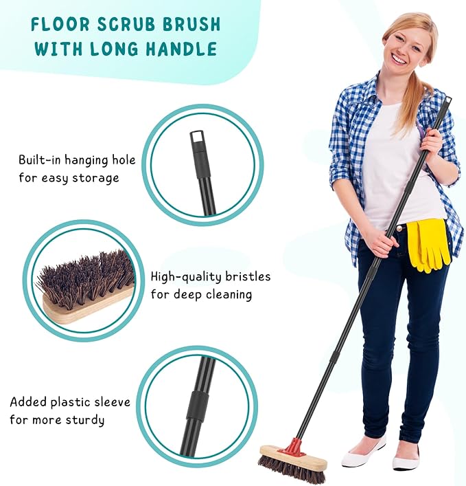 Deck Brush with Long Handle, 52'' Palmyra Bristle Scrub Broom for Boat, Patio, Garage, Concrete, Shower, Bathroom Cleaning, Outdoor Floor Scrubber