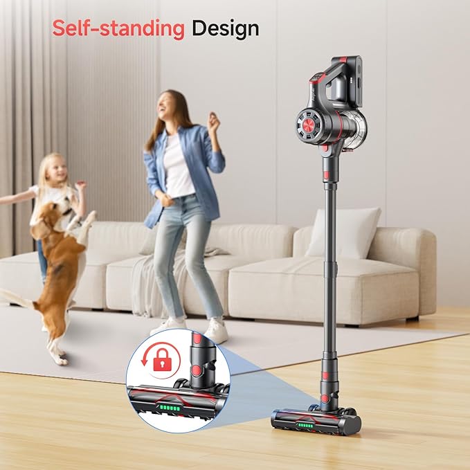 Cordless Vacuum Cleaner, 580W 60KPA Dual Motor Stick Vacuum for Home with 60mins Runtime, 6 LED Green Headlights, Self-Standing Design, V-Shaped Floor Brush for Carpet Tile Pet Hair Hardwood Floors